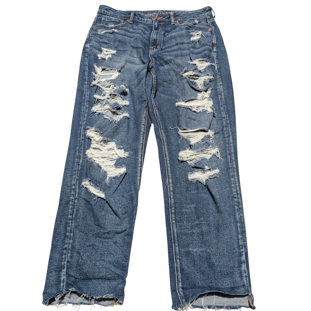 American‎ Eagle Mom Jean Womens 14 Size 34x27 Distressed Shredded Stretch Denim